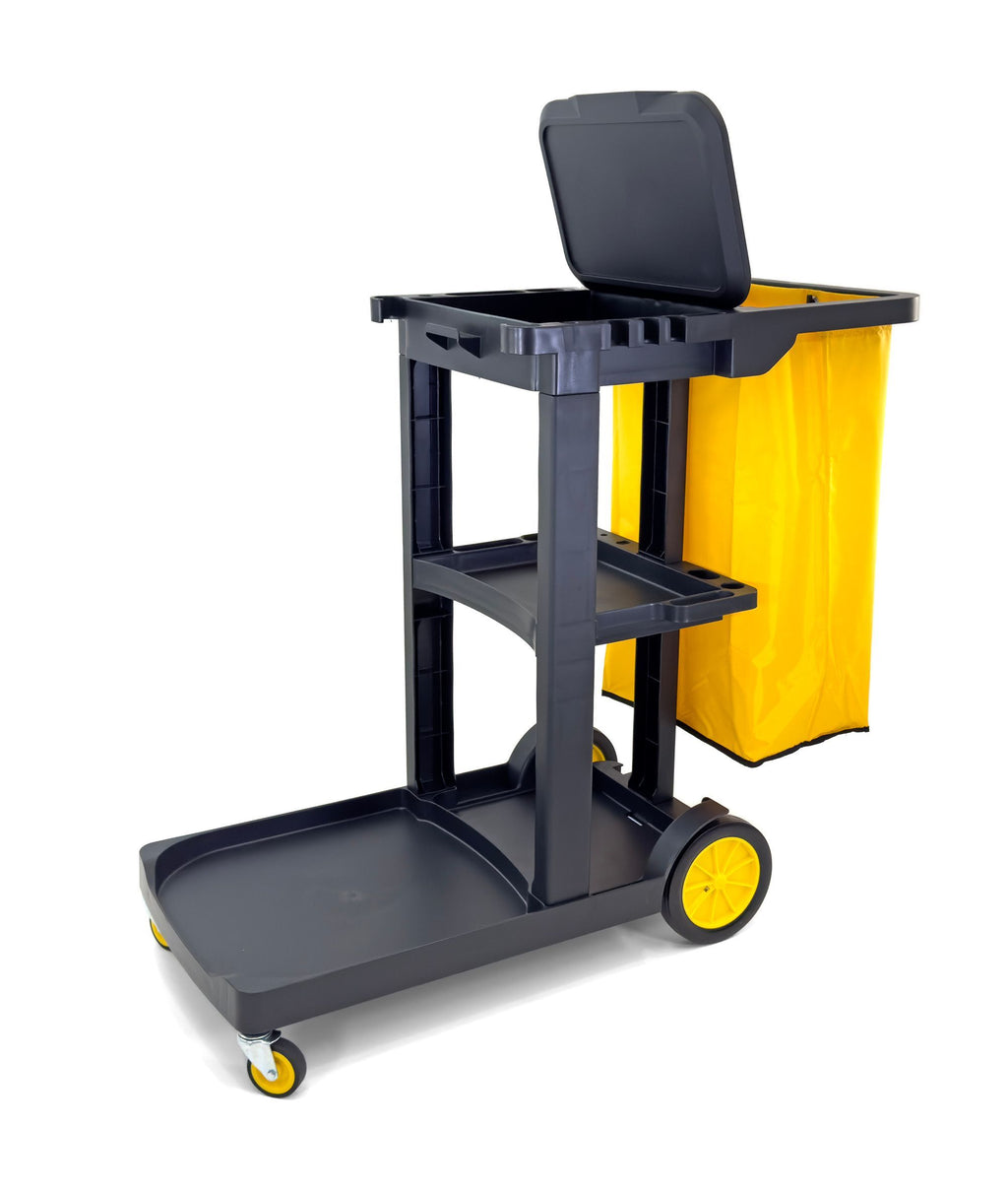 Compact Size Janitorial Cart | 3 Shelves | 25 Gallon Vinyl Bag With Cover | 450 LBS Capacity | Black