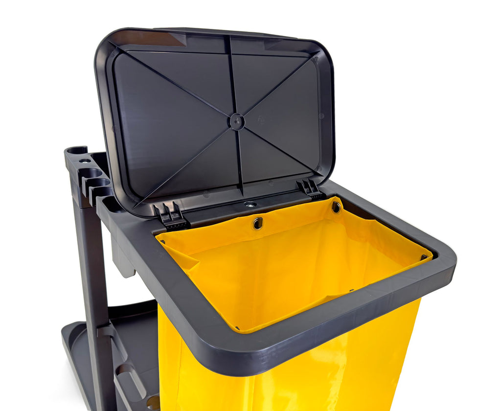 Compact Size Janitorial Cart | 3 Shelves | 25 Gallon Vinyl Bag With Cover | 450 LBS Capacity | Black