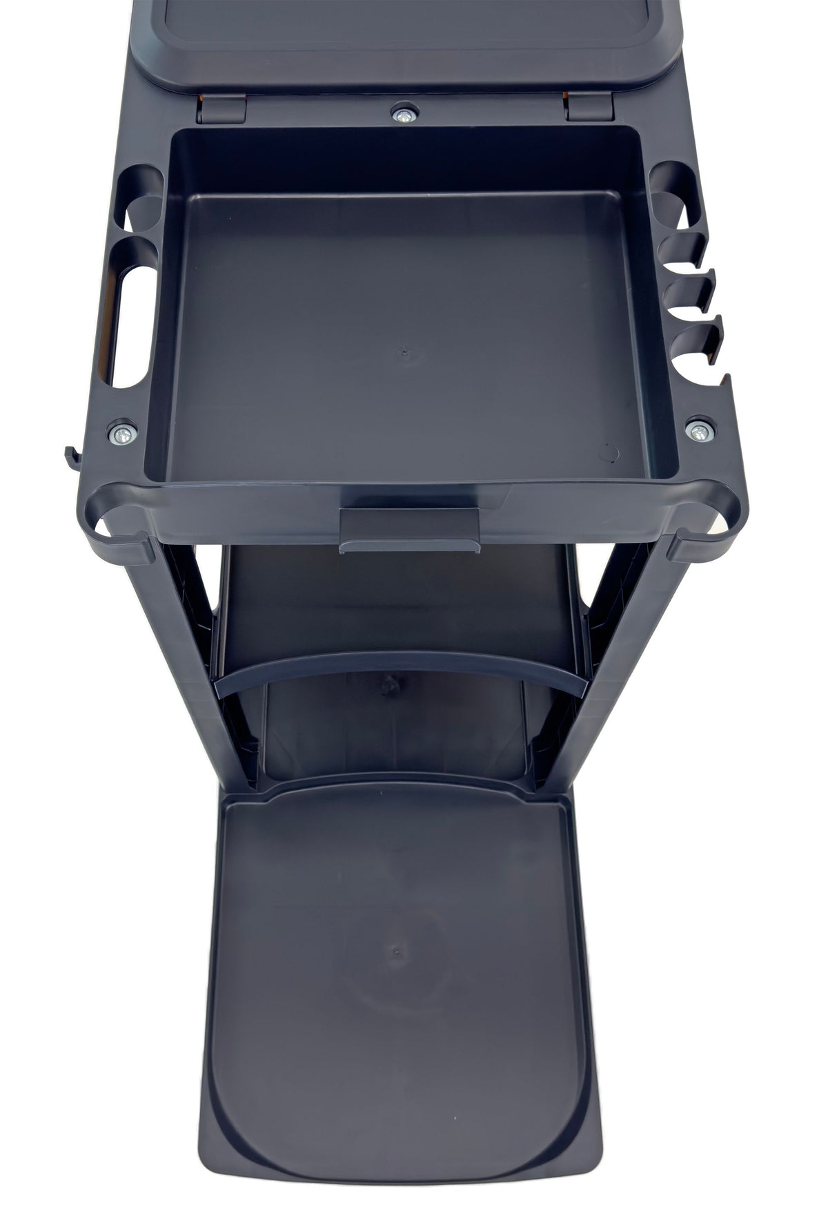 Compact Size Janitorial Cart | 3 Shelves | 25 Gallon Vinyl Bag With Cover | 450 LBS Capacity | Black