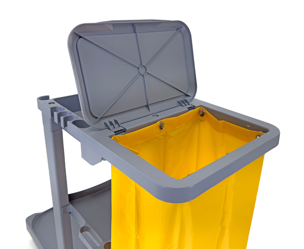 Compact Size Janitorial Cart | 3 Shelves | 25 Gallon Vinyl Bag With Cover | 450 LBS Capacity | Gray
