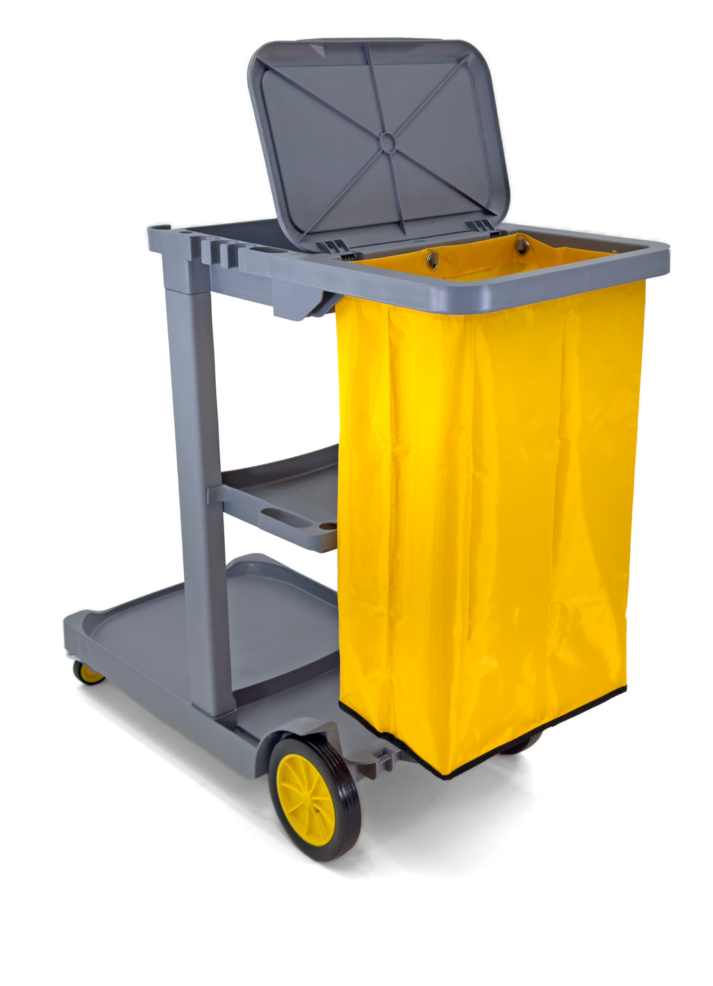Compact Size Janitorial Cart | 3 Shelves | 25 Gallon Vinyl Bag With Cover | 450 LBS Capacity | Gray