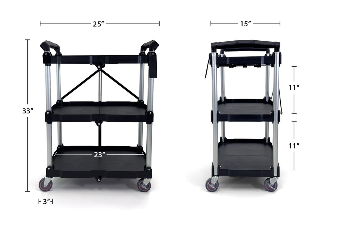Portable Folding Service Cart  | Heavy-Duty Utility Service Cart | 3 Tier 330LBS Capacity | Rolling Cart Utility Cart Foldable Cart | Black.