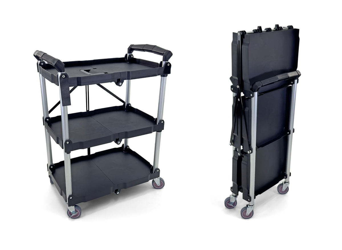 Portable Folding Service Cart  | Heavy-Duty Utility Service Cart | 3 Tier 330LBS Capacity | Rolling Cart Utility Cart Foldable Cart | Black.