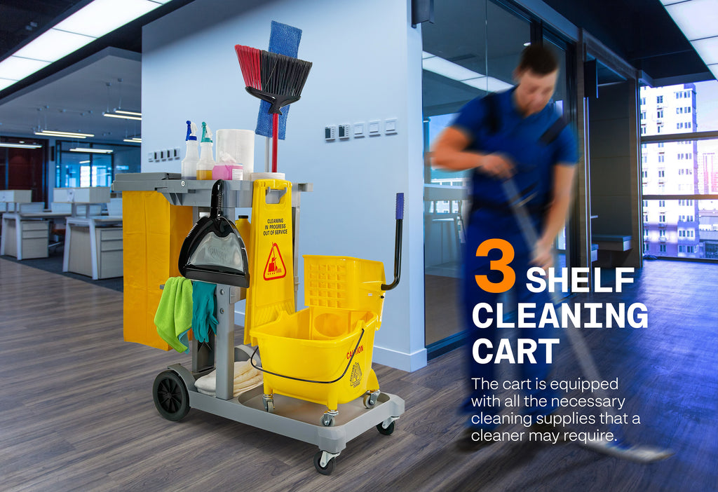 Commercial Janitorial Cart | 3 Shelves | 25 Gallon Vinyl Bag