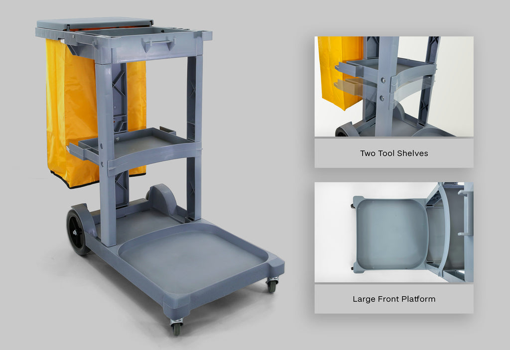 Commercial Janitorial Cart | 3 Shelves | 25 Gallon Vinyl Bag