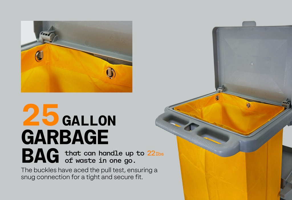 Commercial Janitorial Cart | 3 Shelves | 25 Gallon Vinyl Bag