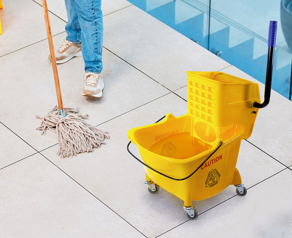 Mop Bucket 25 Quart | Side Press Wringer | 4 Wheels 2" | Yellow
