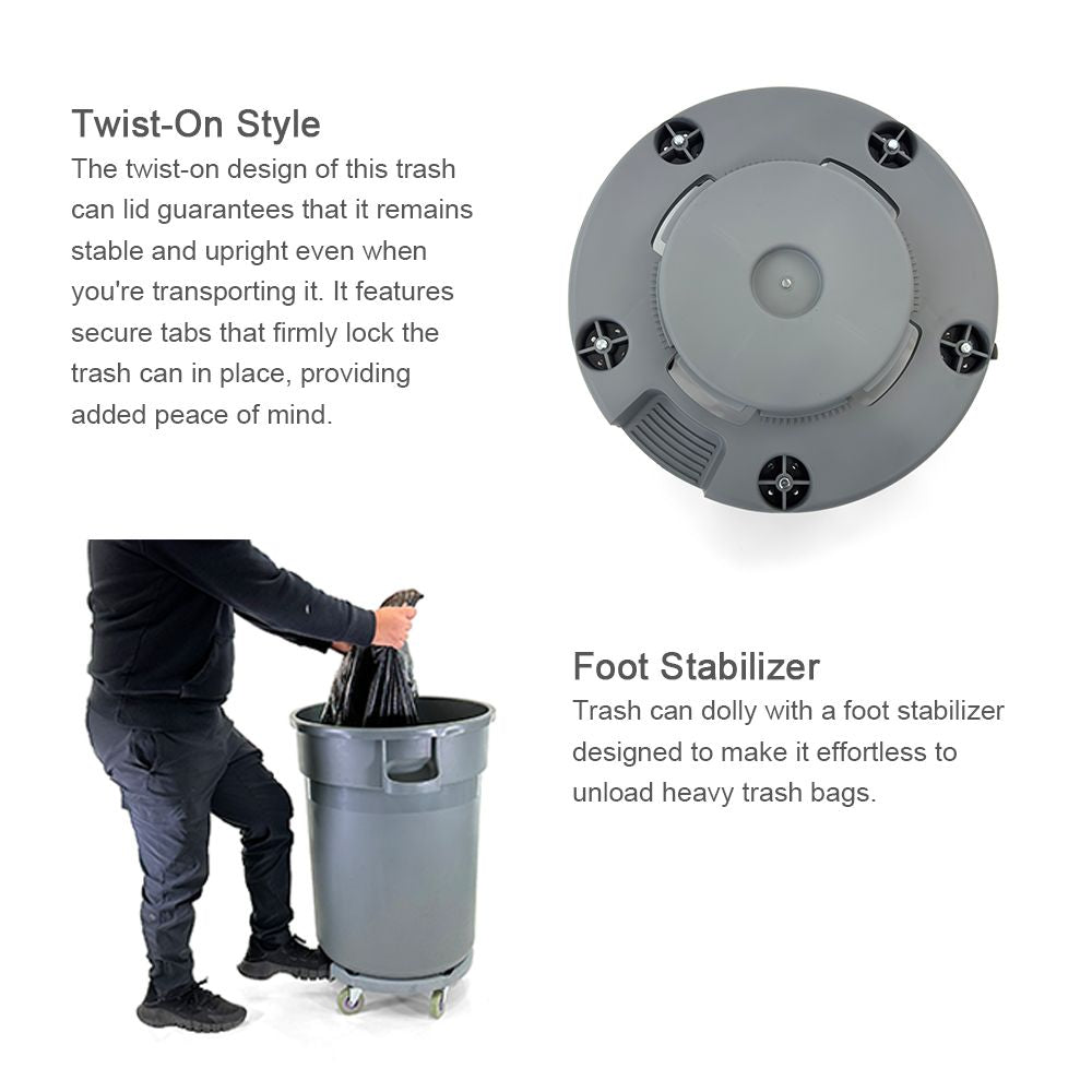 Trash Can Dolly | Heavy-Duty Plastic | 5 Casters | Foot Stabilizer | 460 Lb. Capacity