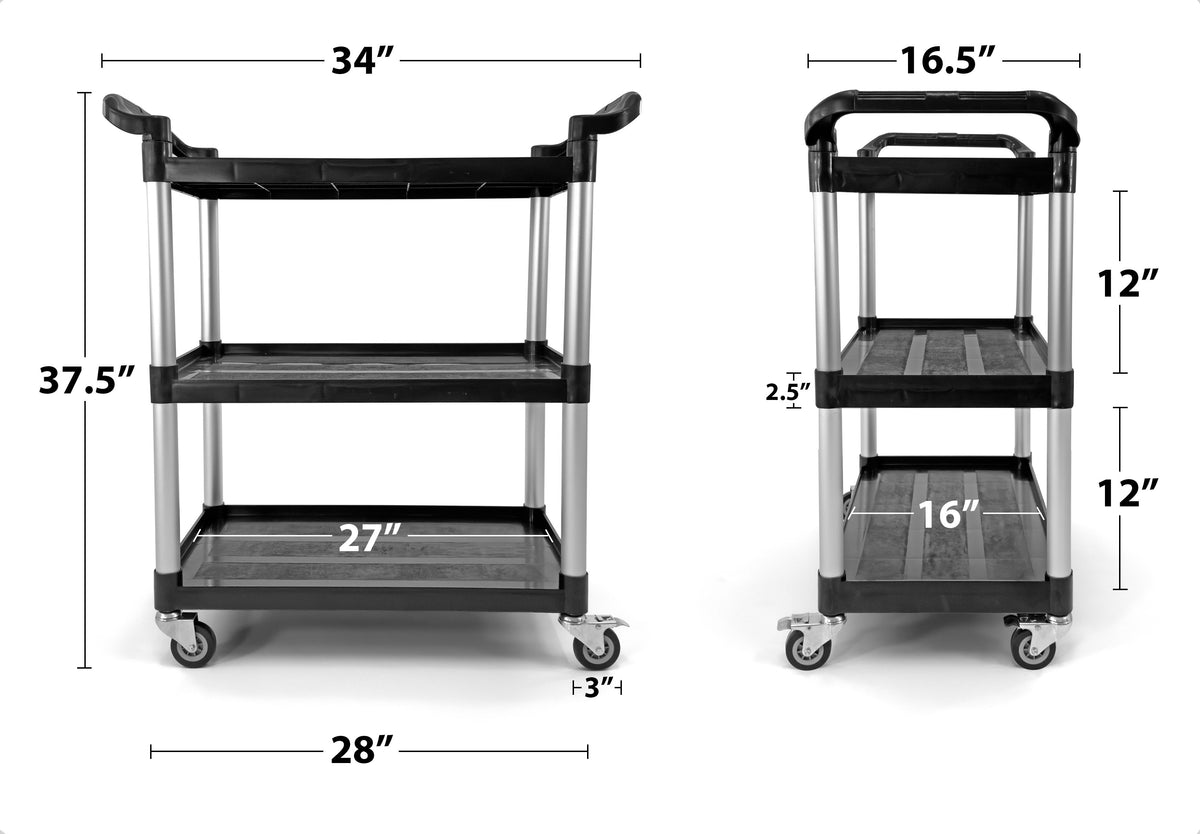 Utility Cart | Food Cart | 3 Shelf 33" X 16" X 37" (Black)