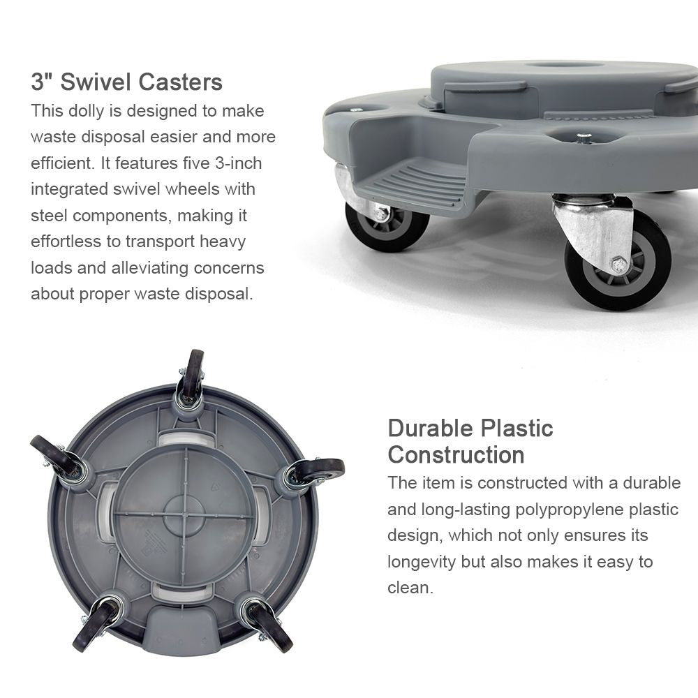 Trash Can Dolly | Heavy-Duty Plastic | 5 Casters | Foot Stabilizer | 460 Lb. Capacity