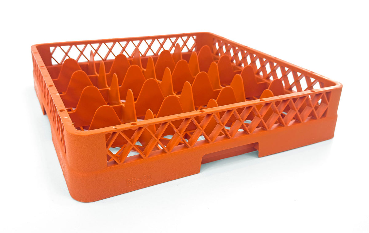 20-Compartment Glass Rack – Commercial Dishwasher Cup Rack | Orange.