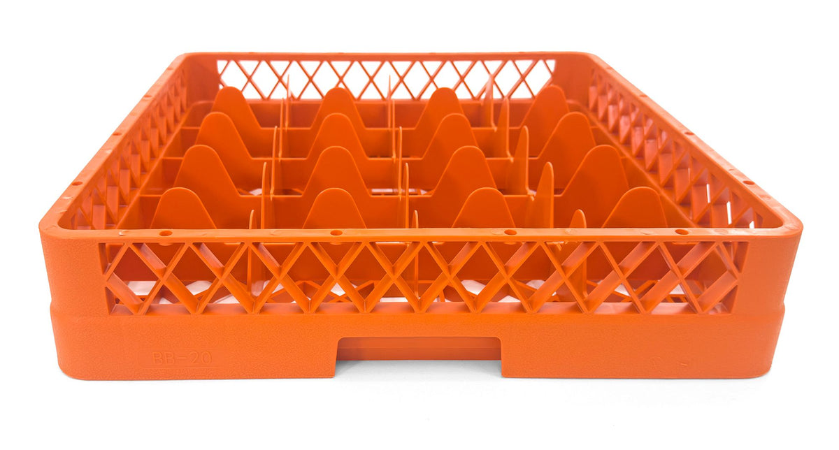 20-Compartment Glass Rack – Commercial Dishwasher Cup Rack | Orange.