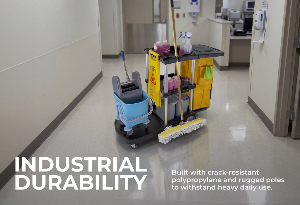 Commercial Janitorial Cleaning Cart | 3 Shelves | Heavy Duty Aluminum Poles | 500 Lbs Capacity