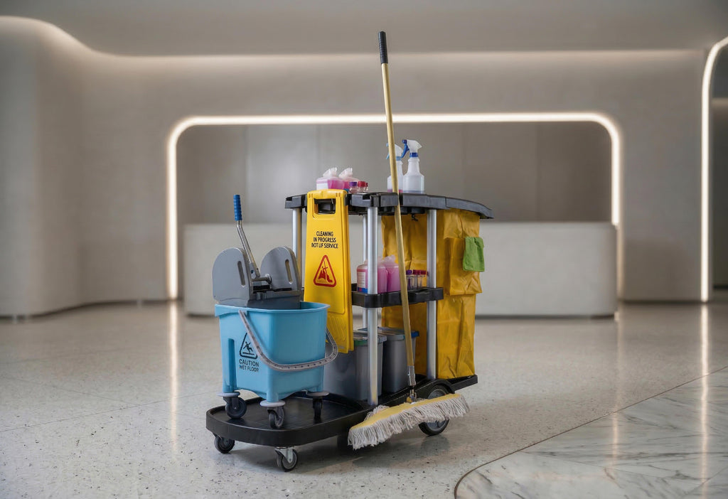 Commercial Janitorial Cleaning Cart | 3 Shelves | Heavy Duty Aluminum Poles | 500 Lbs Capacity