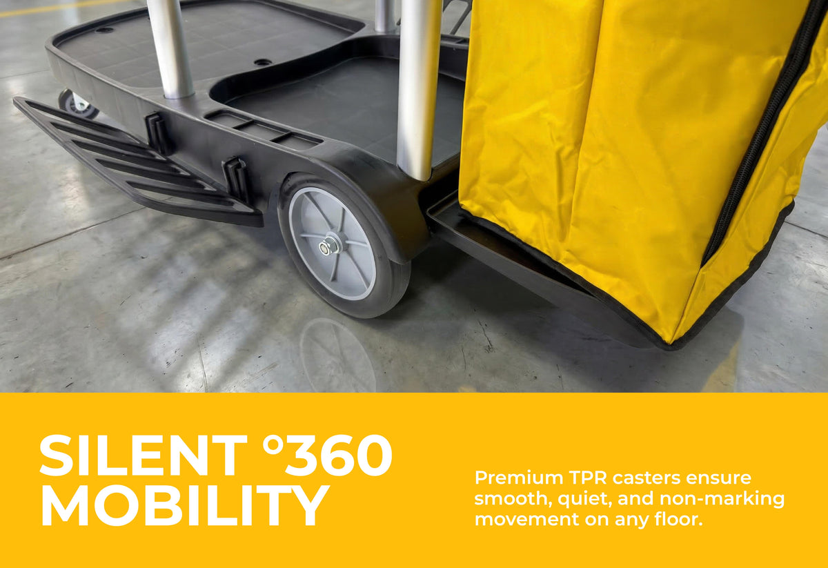 Commercial Janitorial Cleaning Cart | 3 Shelves | Heavy Duty Aluminum Poles | 500 Lbs Capacity