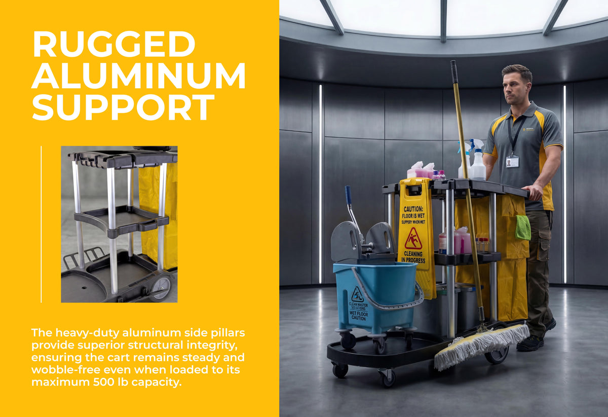 Commercial Janitorial Cleaning Cart | 3 Shelves | Heavy Duty Aluminum Poles | 500 Lbs Capacity