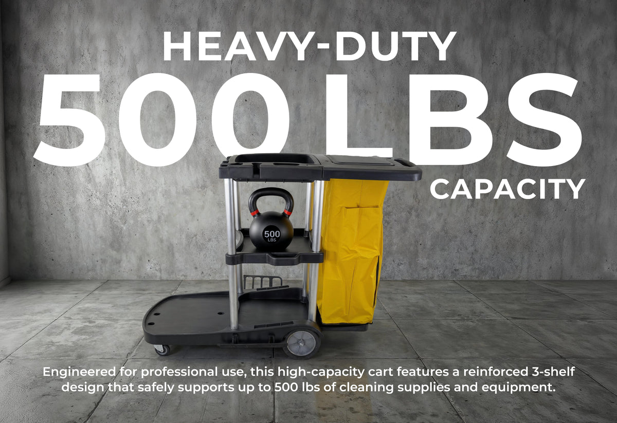 Commercial Janitorial Cleaning Cart | 3 Shelves | Heavy Duty Aluminum Poles | 500 Lbs Capacity