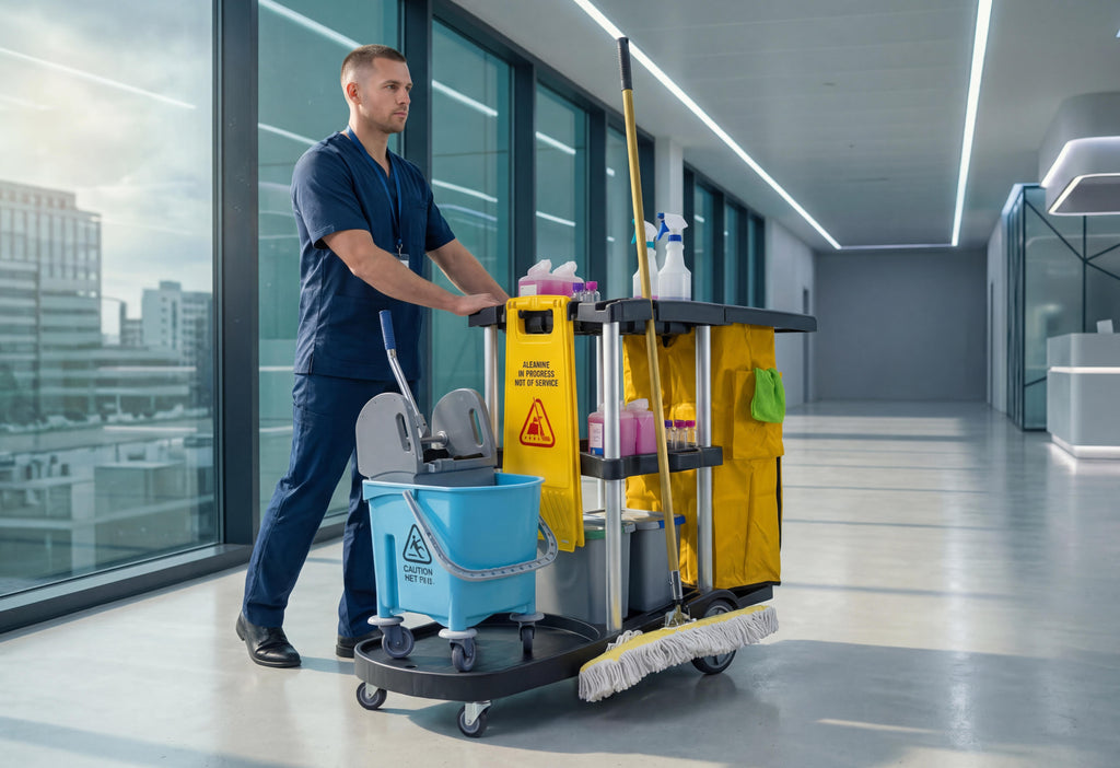 Commercial Janitorial Cleaning Cart | 3 Shelves | Heavy Duty Aluminum Poles | 500 Lbs Capacity