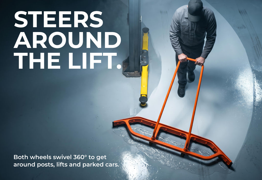 Heavy Duty Commercial Floor Squeegee with Wheels, Extra Wide 59" Curved Water Squeegee with 37" Push Handle, Orange Metal Frame & Black Blade for Warehouse, Garage & Industrial Floor Cleaning