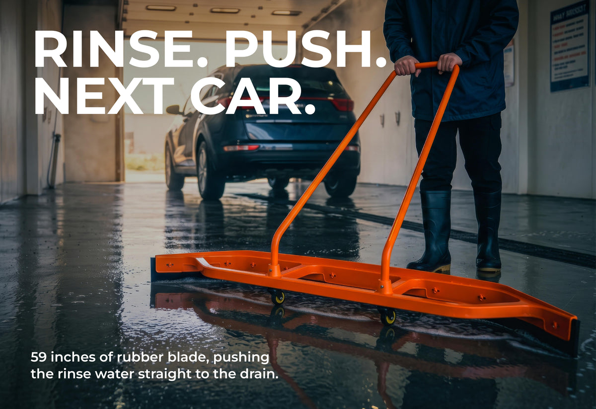 Heavy Duty Commercial Floor Squeegee with Wheels, Extra Wide 59" Curved Water Squeegee with 37" Push Handle, Orange Metal Frame & Black Blade for Warehouse, Garage & Industrial Floor Cleaning