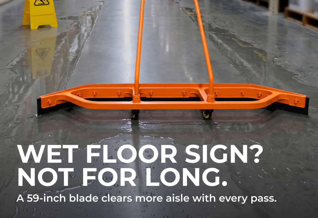 Heavy Duty Commercial Floor Squeegee with Wheels, Extra Wide 59" Curved Water Squeegee with 37" Push Handle, Orange Metal Frame & Black Blade for Warehouse, Garage & Industrial Floor Cleaning